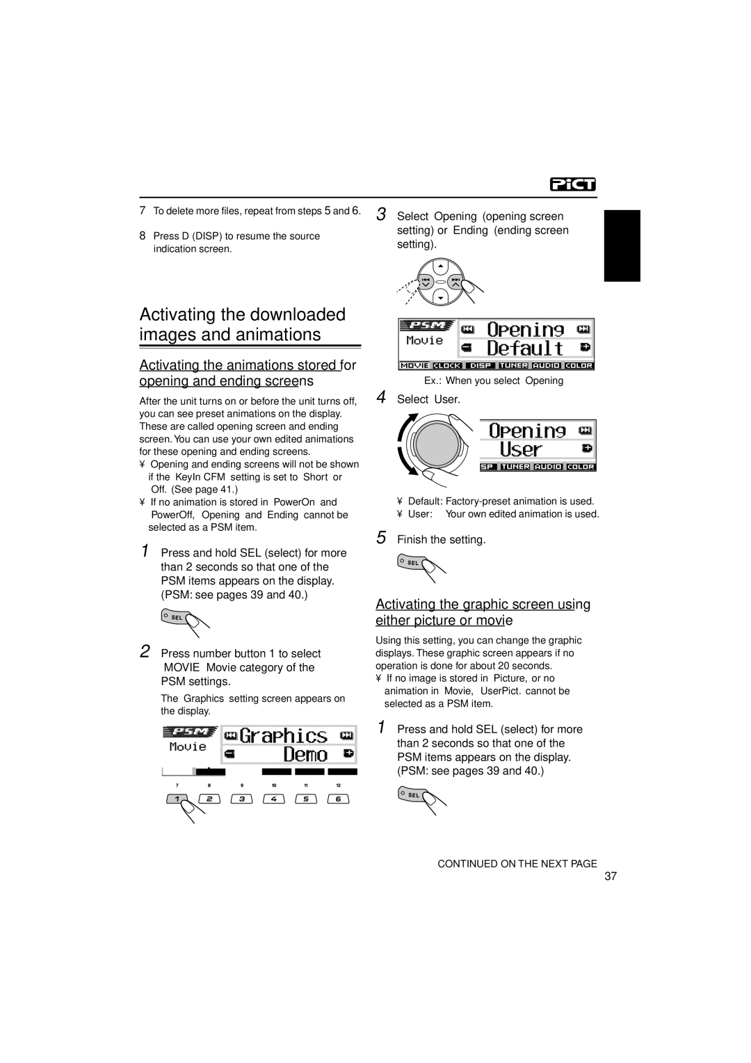 JVC KD-LH3105 manual Activating the graphic screen using either picture or movie, Select User, Ex. When you select Opening 