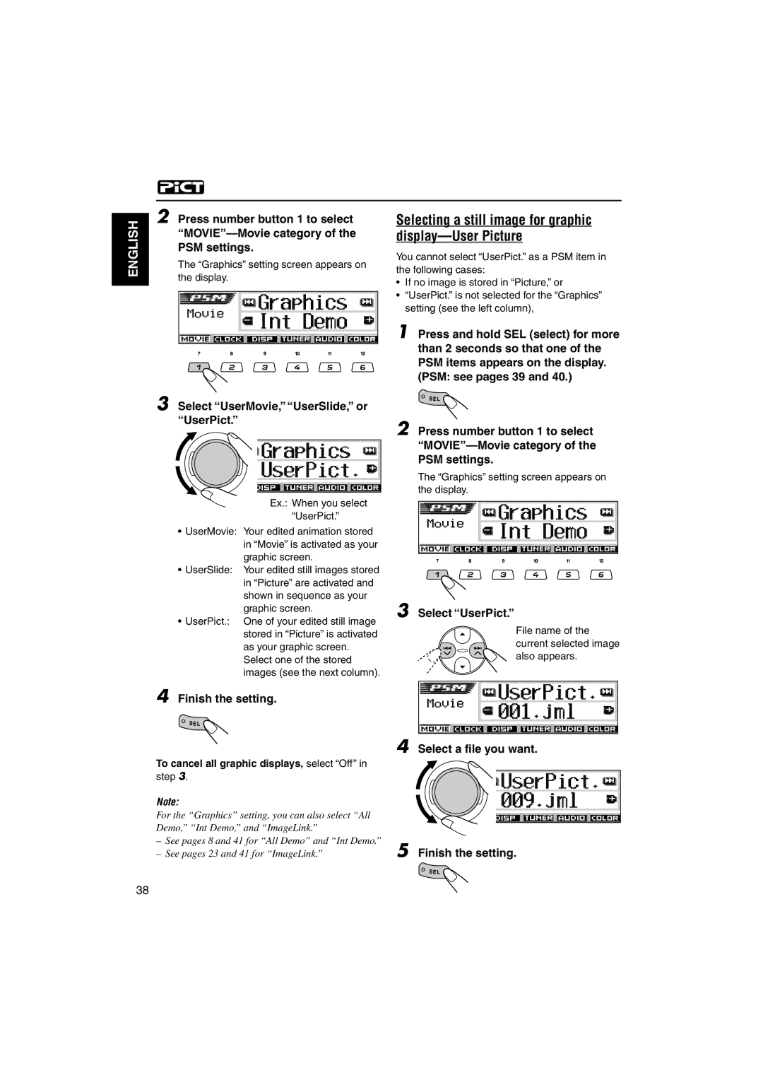 JVC KD-LH3105 manual Select UserMovie, UserSlide, or UserPict, Select UserPict, Select a file you want Finish the setting 