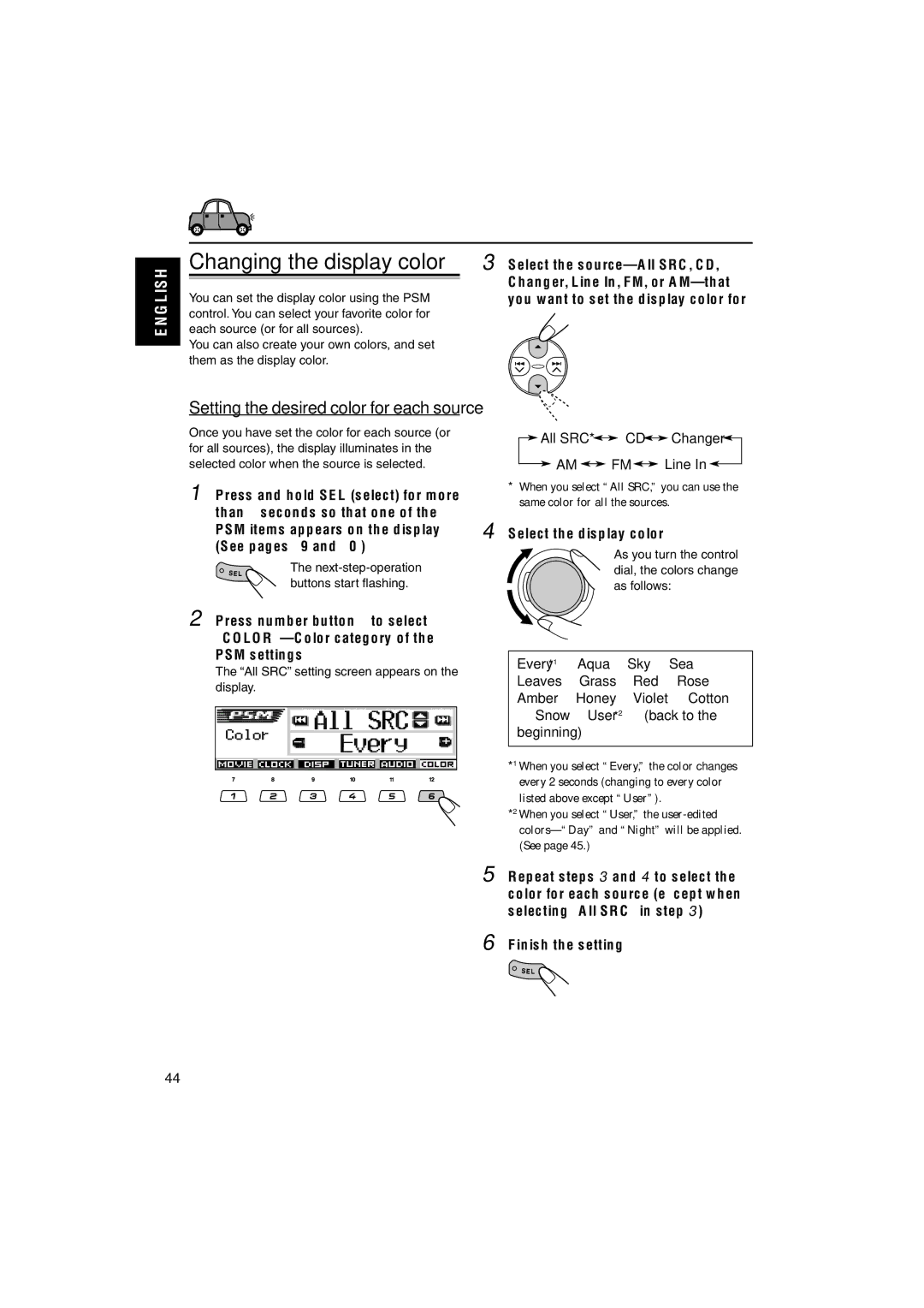 JVC KD-LH3105 manual Changing the display color, Setting the desired color for each source, All SRC Changer 