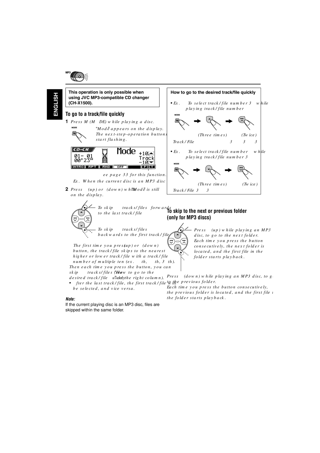 JVC KD-LH3105 manual To go to a track/file quickly, To skip to the next or previous folder only for MP3 discs 