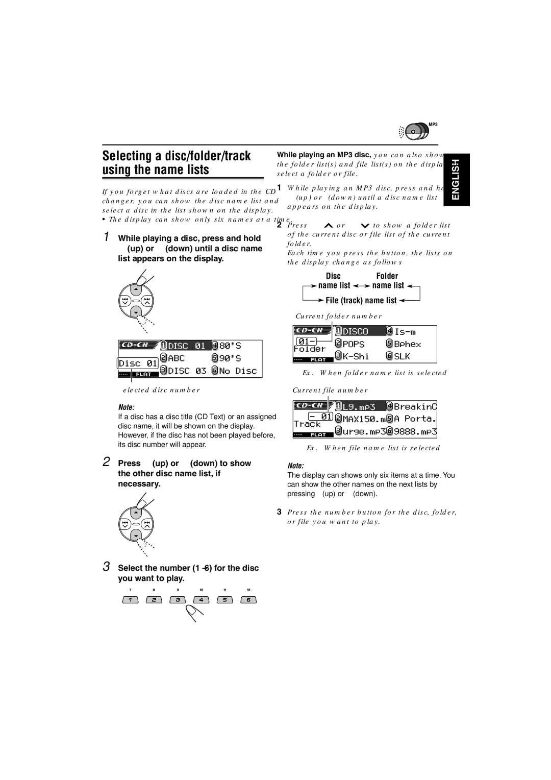 JVC KD-LH3105 manual File track name list, Display can show only six names at a time, Selected disc number 