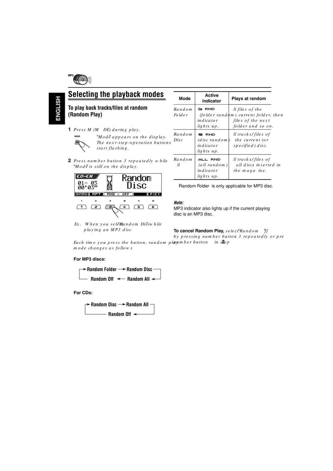 JVC KD-LH3105 manual To play back tracks/files at random Random Play, Random Folder Random Disc Random Off Random All 