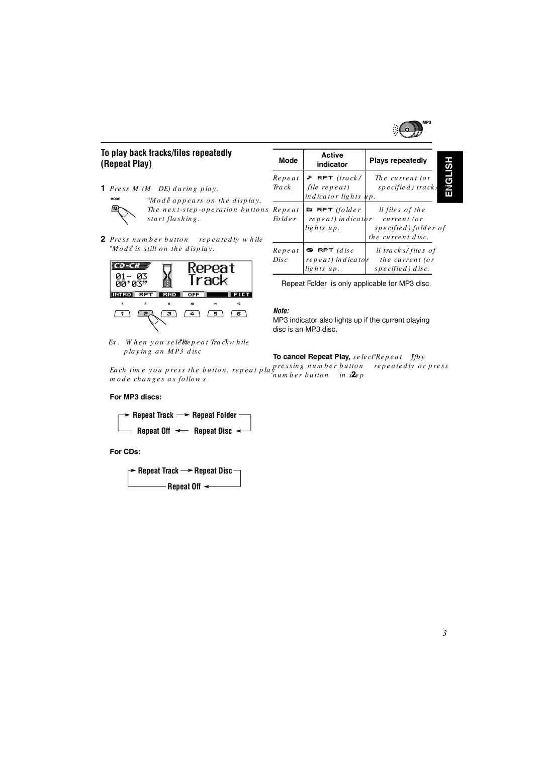 JVC KD-LH3105 manual To play back tracks/files repeatedly Repeat Play, Repeat Track Repeat Folder Repeat Off Repeat Disc 