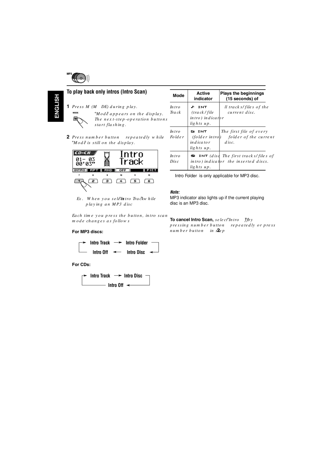 JVC KD-LH3105 manual Intro Track Intro Disc Intro Off, Indicator Seconds, Disc Intro indicator Inserted discs Lights up 