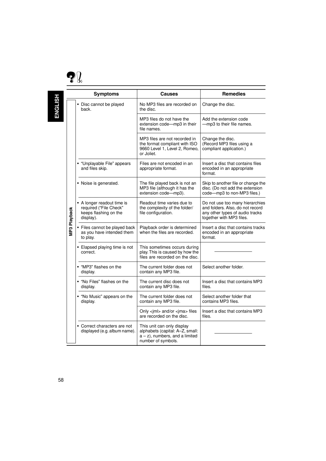 JVC KD-LH3105 manual Symptoms Causes Remedies, MP3 Playback 