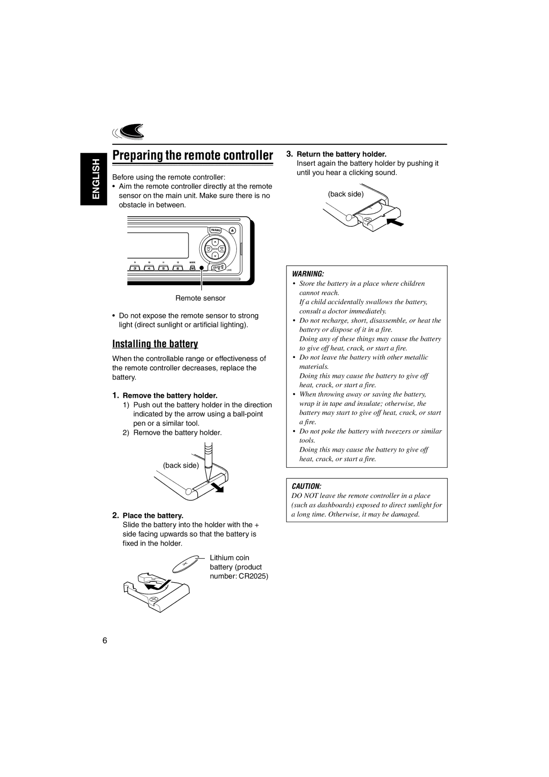 JVC KD-LH3105 manual Installing the battery, Remove the battery holder, Place the battery, Return the battery holder 