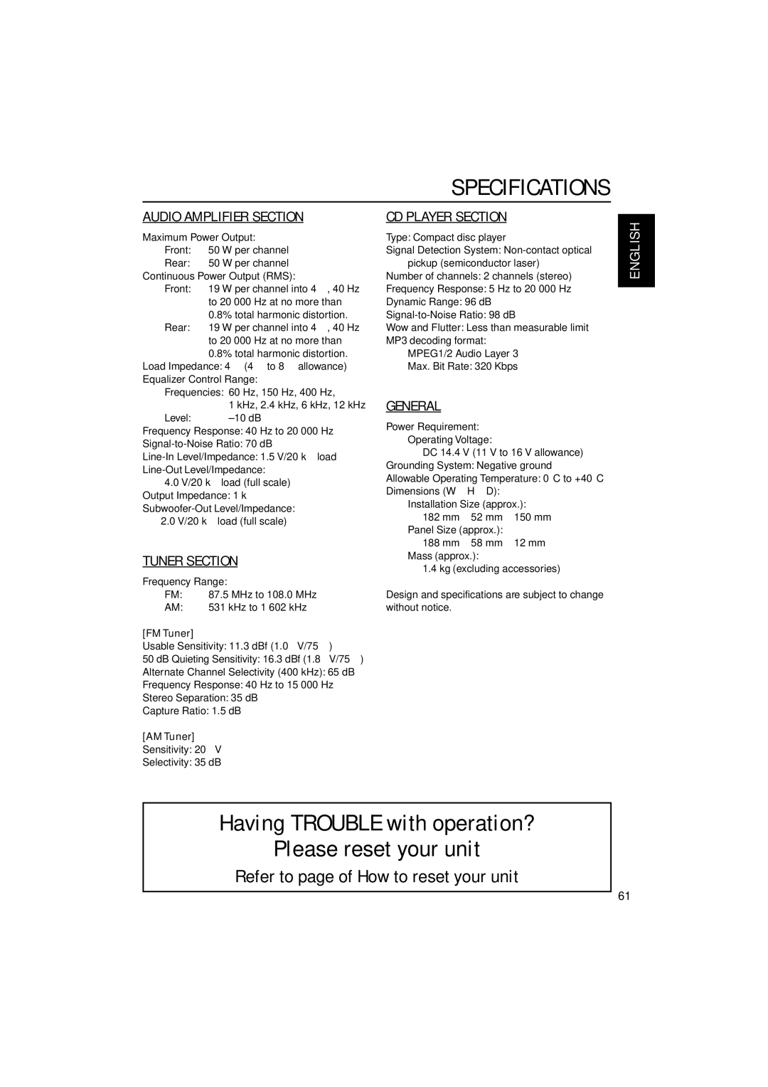 JVC KD-LH3105 manual Specifications, Refer to page of How to reset your unit, FM Tuner, AM Tuner 