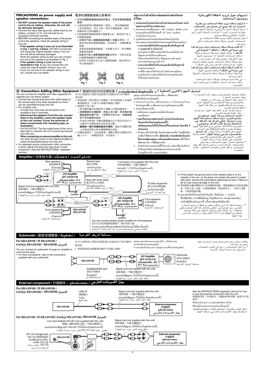 JVC manual For KD-LH3105 / =KD-LH3105, Front speakers KD-LH3105 KD-LH1105, External component 