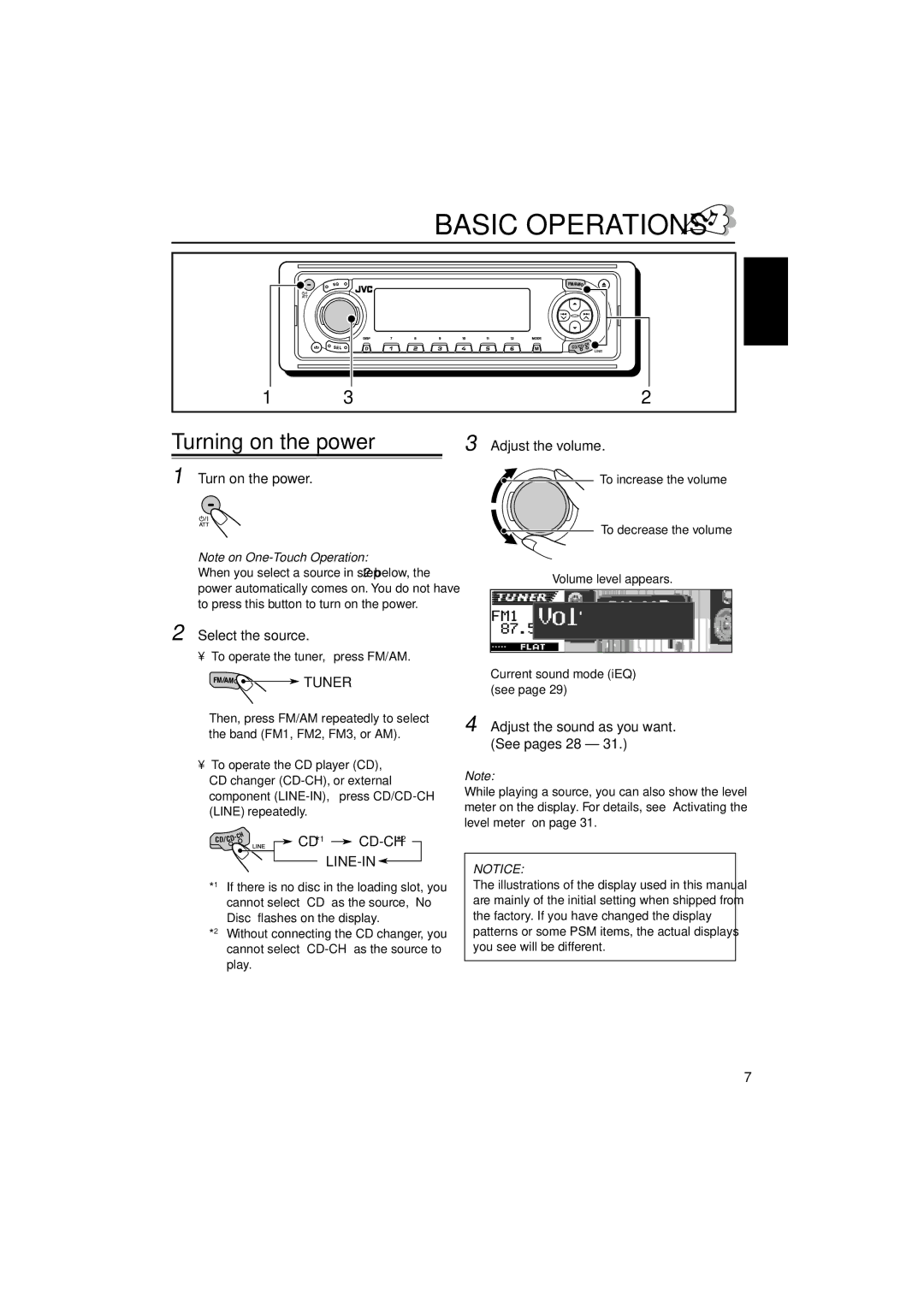 JVC KD-LH3105 manual Basic Operations, Turning on the power 