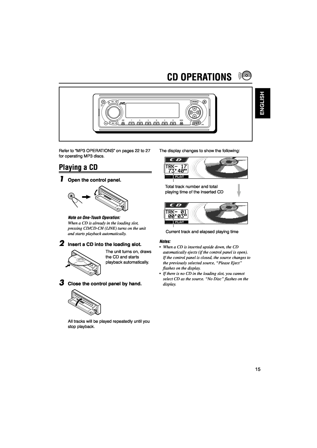 JVC KD-LH3105 manual Cd Operations, Playing a CD, English, Note on One-TouchOperation 