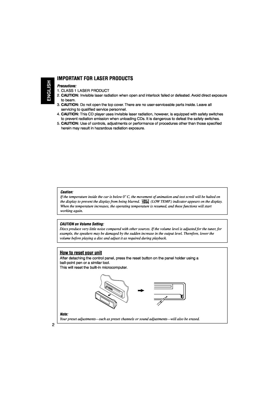 JVC KD-LH3105 manual Important For Laser Products, English, How to reset your unit, Precautions, CAUTION on Volume Setting 