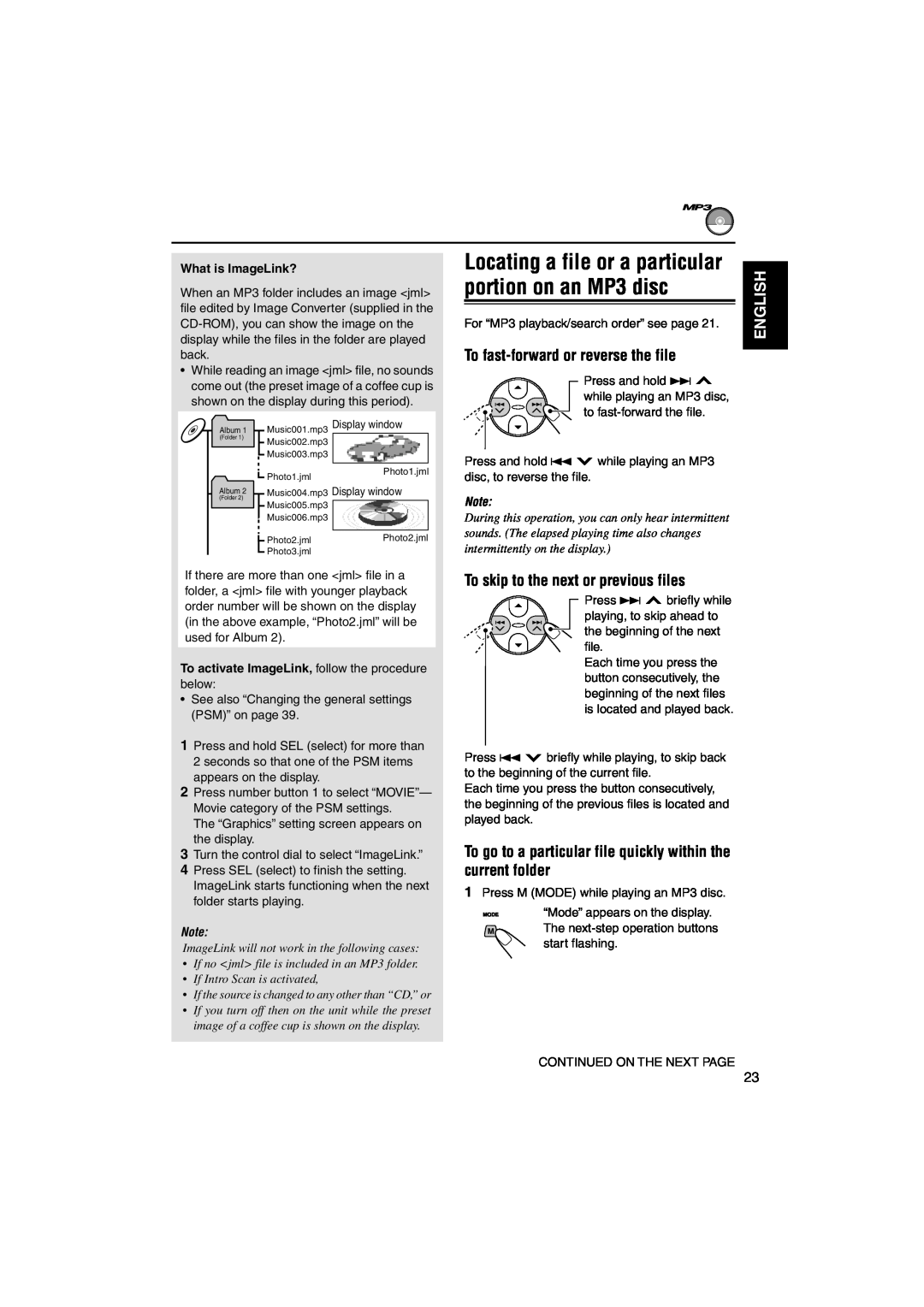 JVC KD-LH3105 manual To fast-forwardor reverse the file, To skip to the next or previous files, English, What is ImageLink? 