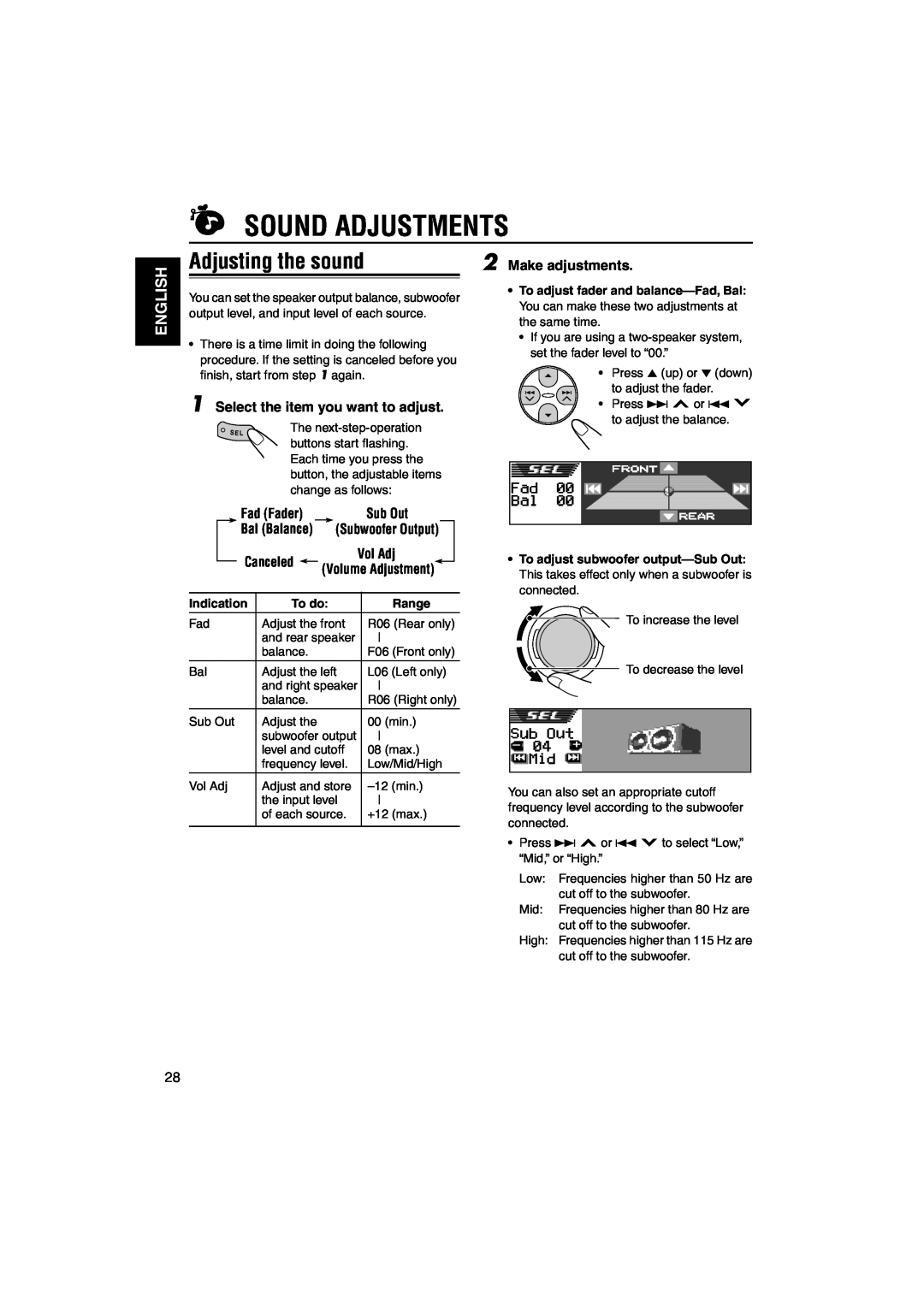 JVC KD-LH3105 manual Sound Adjustments, Adjusting the sound, English, Bal Balance, Indication, To do, Range 