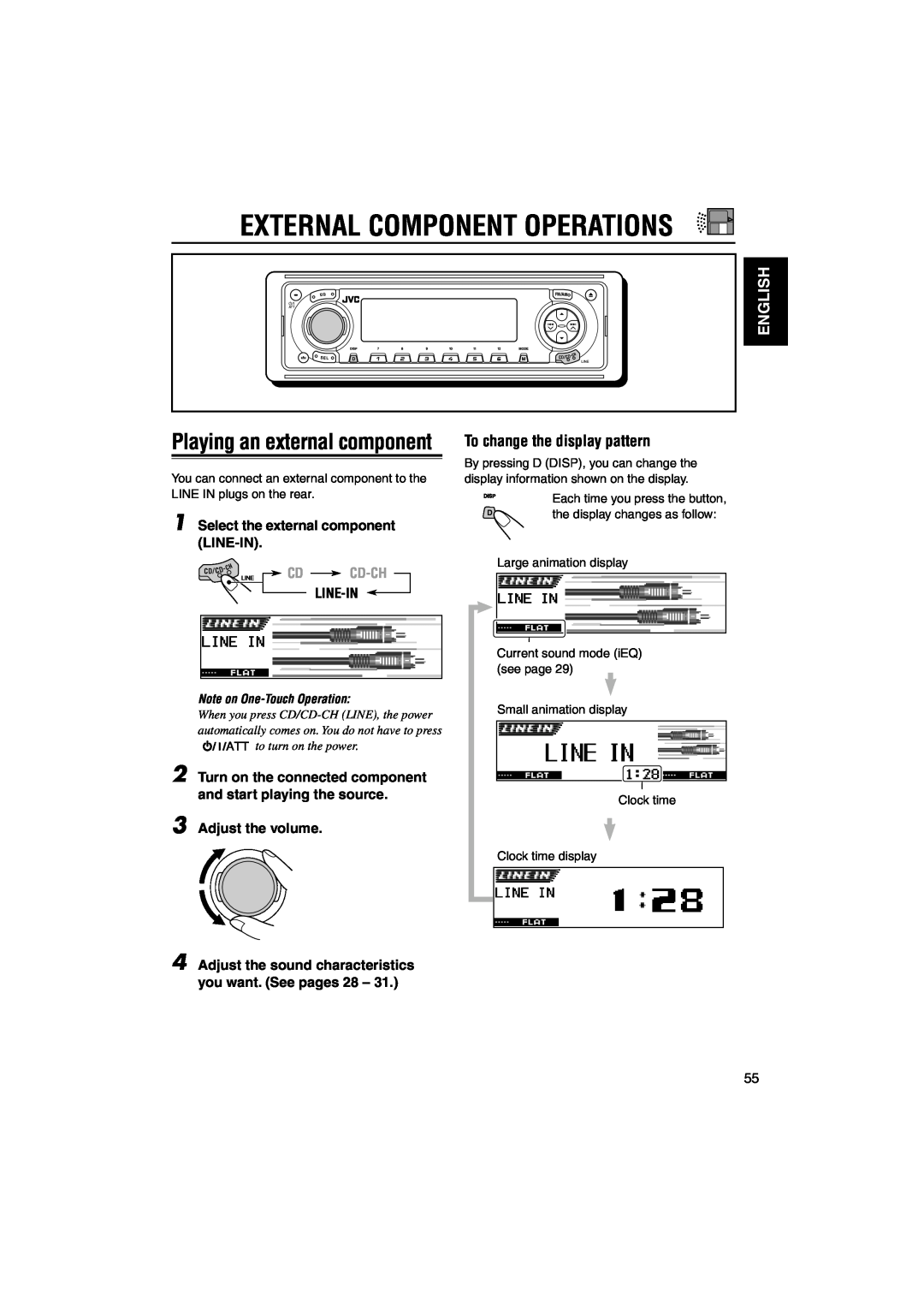 JVC KD-LH3105 manual External Component Operations, Playing an external component, English, To change the display pattern 