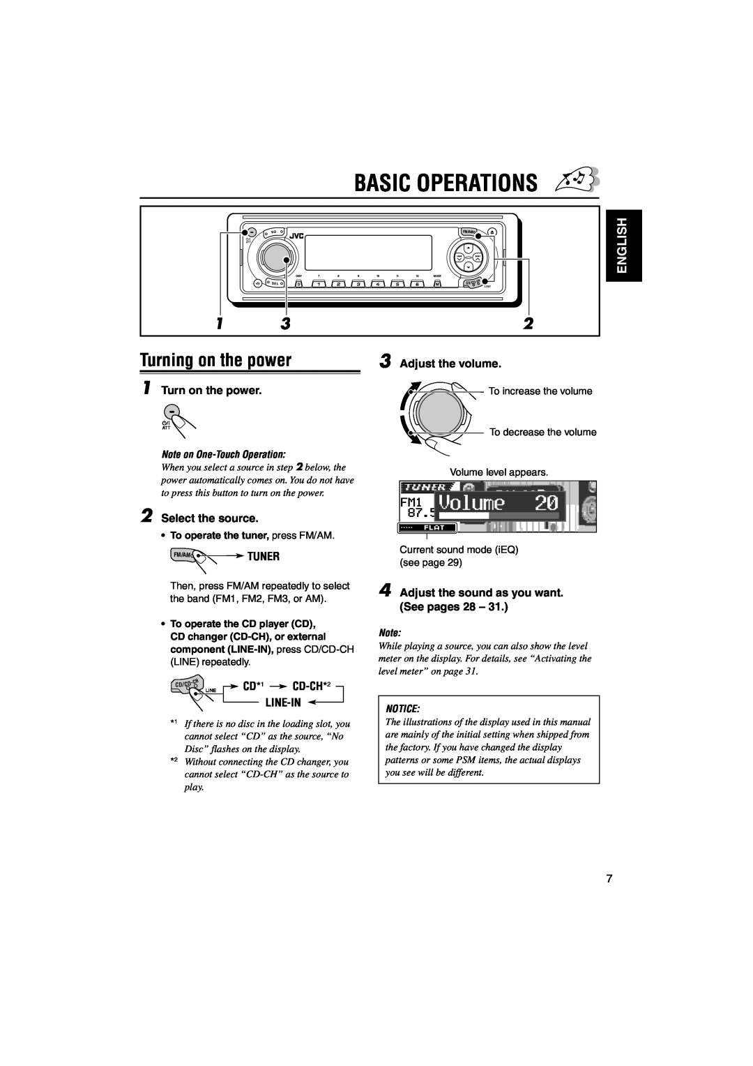 JVC KD-LH3105 manual Basic Operations, Turning on the power, English, CD-CH*2, Line-In, Note on One-TouchOperation, CD*1 
