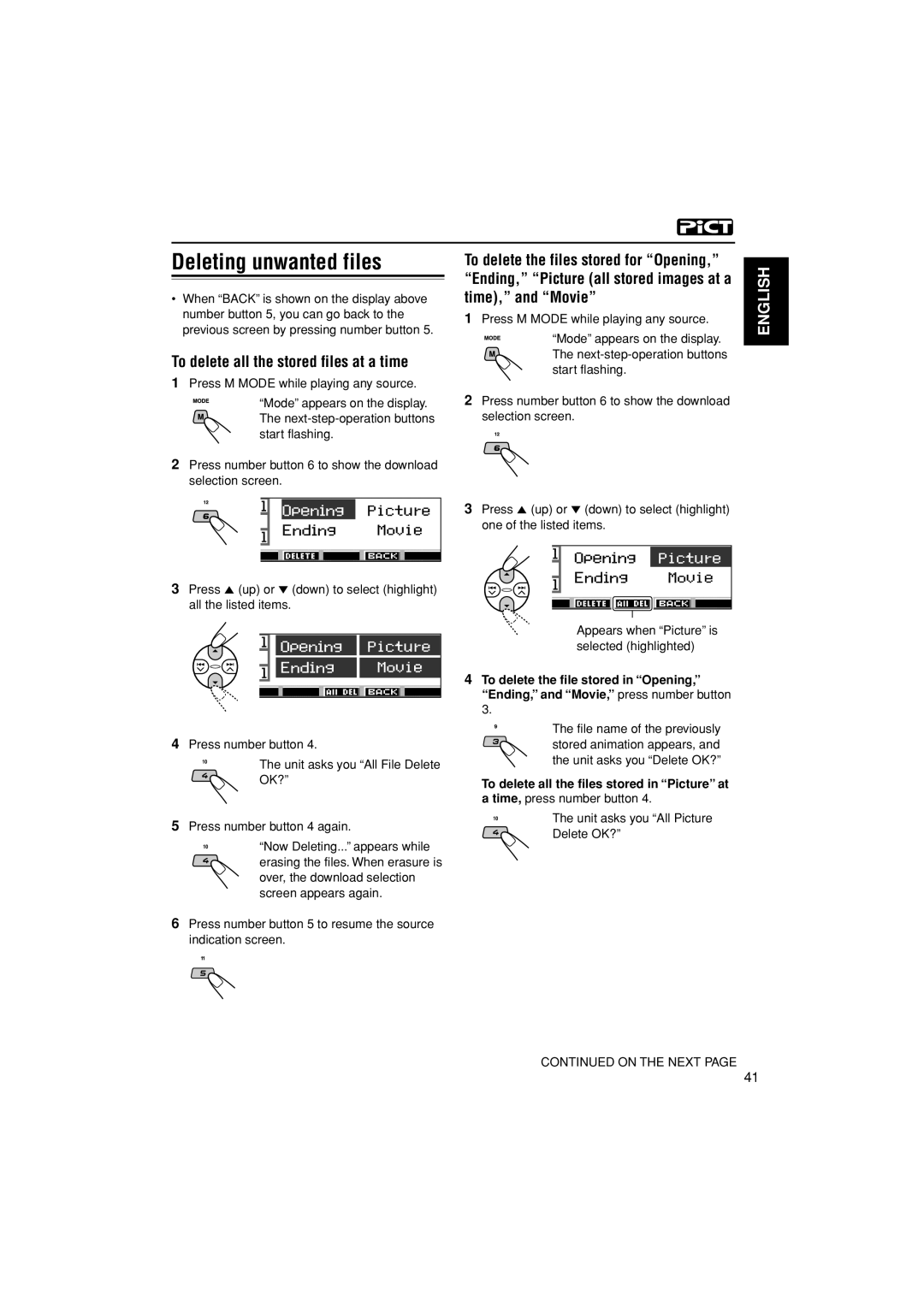 JVC KD-LH401 service manual Deleting unwanted files, To delete all the stored files at a time, Time, and Movie 