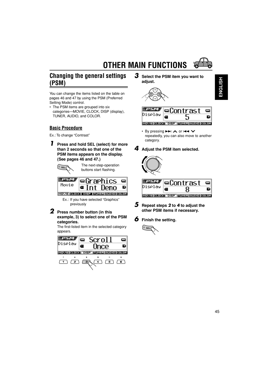 JVC KD-LH401 service manual Other Main Functions, Basic Procedure, Adjust, Ex. To change Contrast 