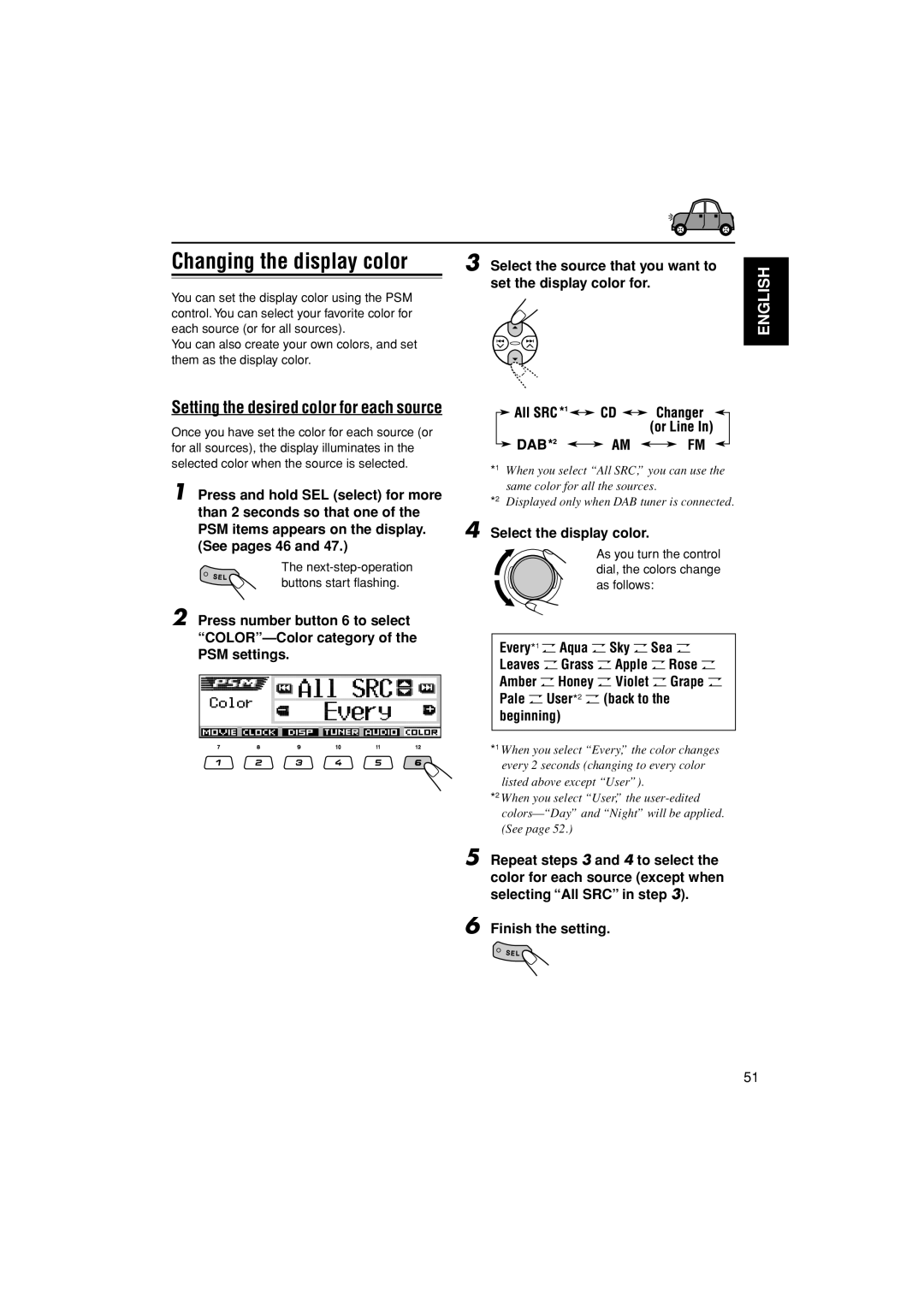 JVC KD-LH401 Select the source that you want to, Set the display color for, Setting the desired color for each source 