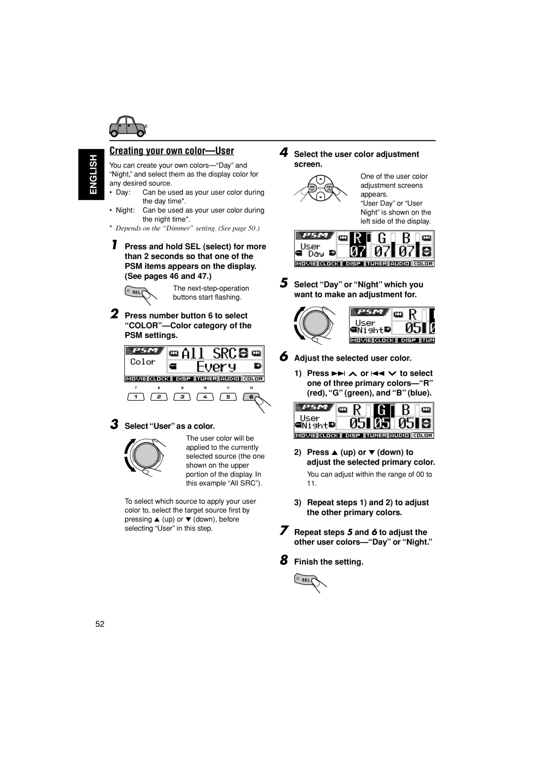 JVC KD-LH401 service manual Creating your own color-User, Select the user color adjustment screen 