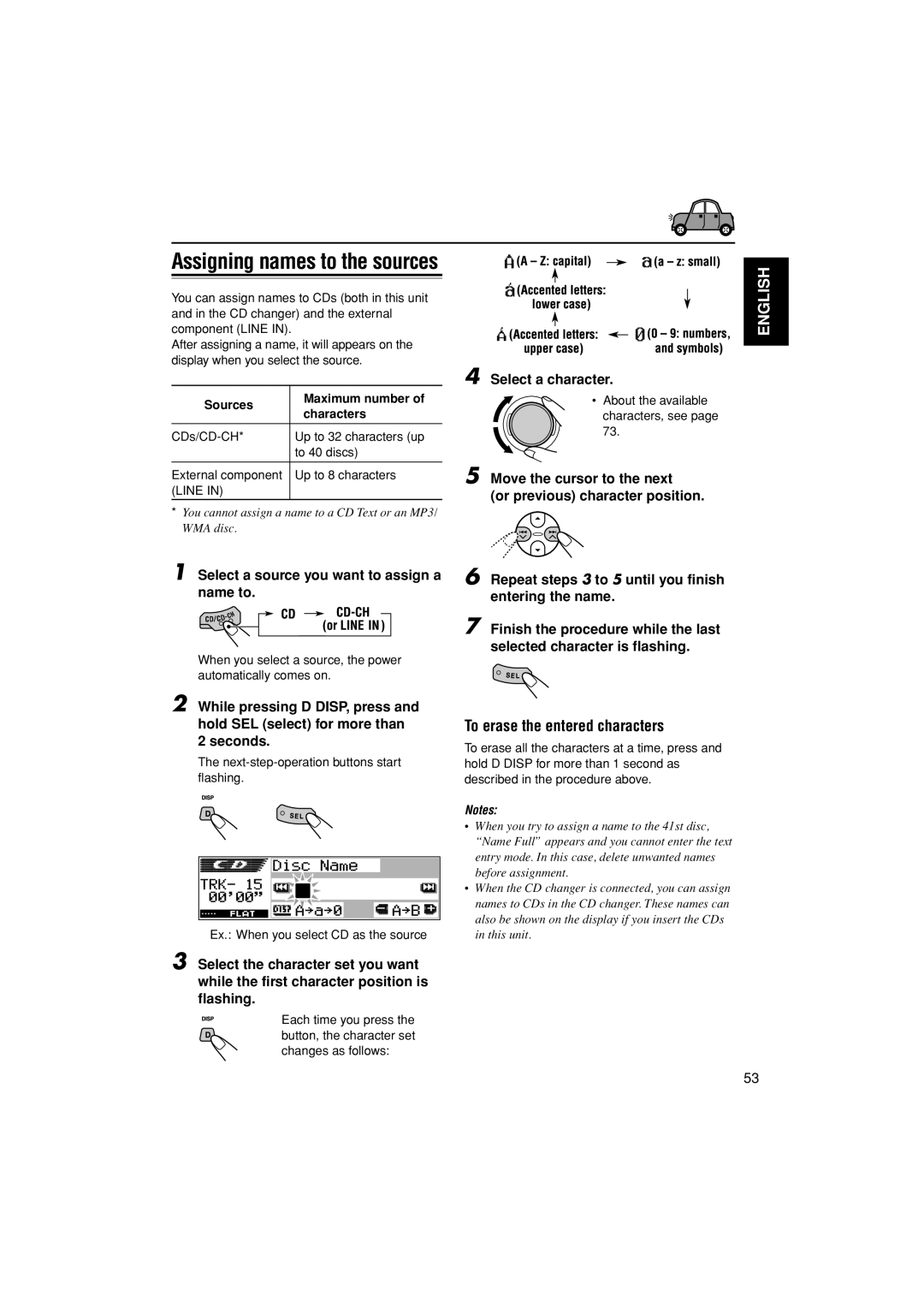 JVC KD-LH401 Assigning names to the sources, To erase the entered characters, Sources Maximum number Characters 