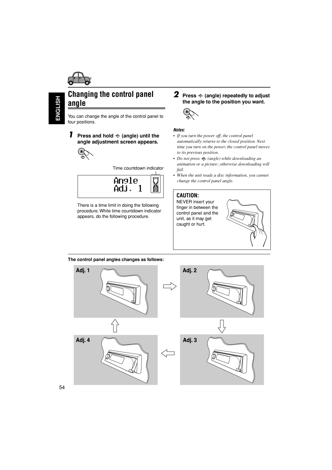 JVC KD-LH401 service manual Changing the control panel angle, Control panel angles changes as follows 