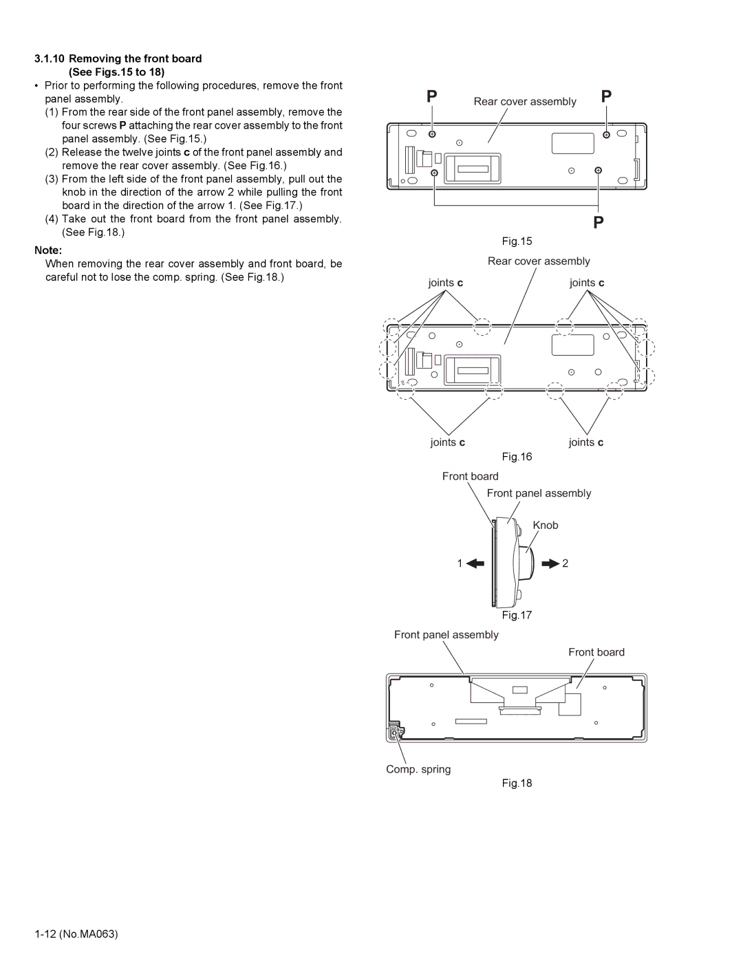 JVC KD-LH401 service manual Removing the front board See Figs.15 to, Rear cover assembly P 