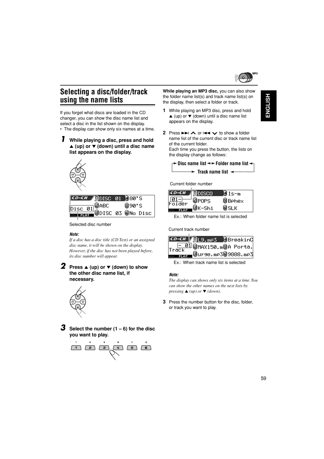 JVC KD-LH401 Selecting a disc/folder/track using the name lists, Disc name list Folder name list Track name list 