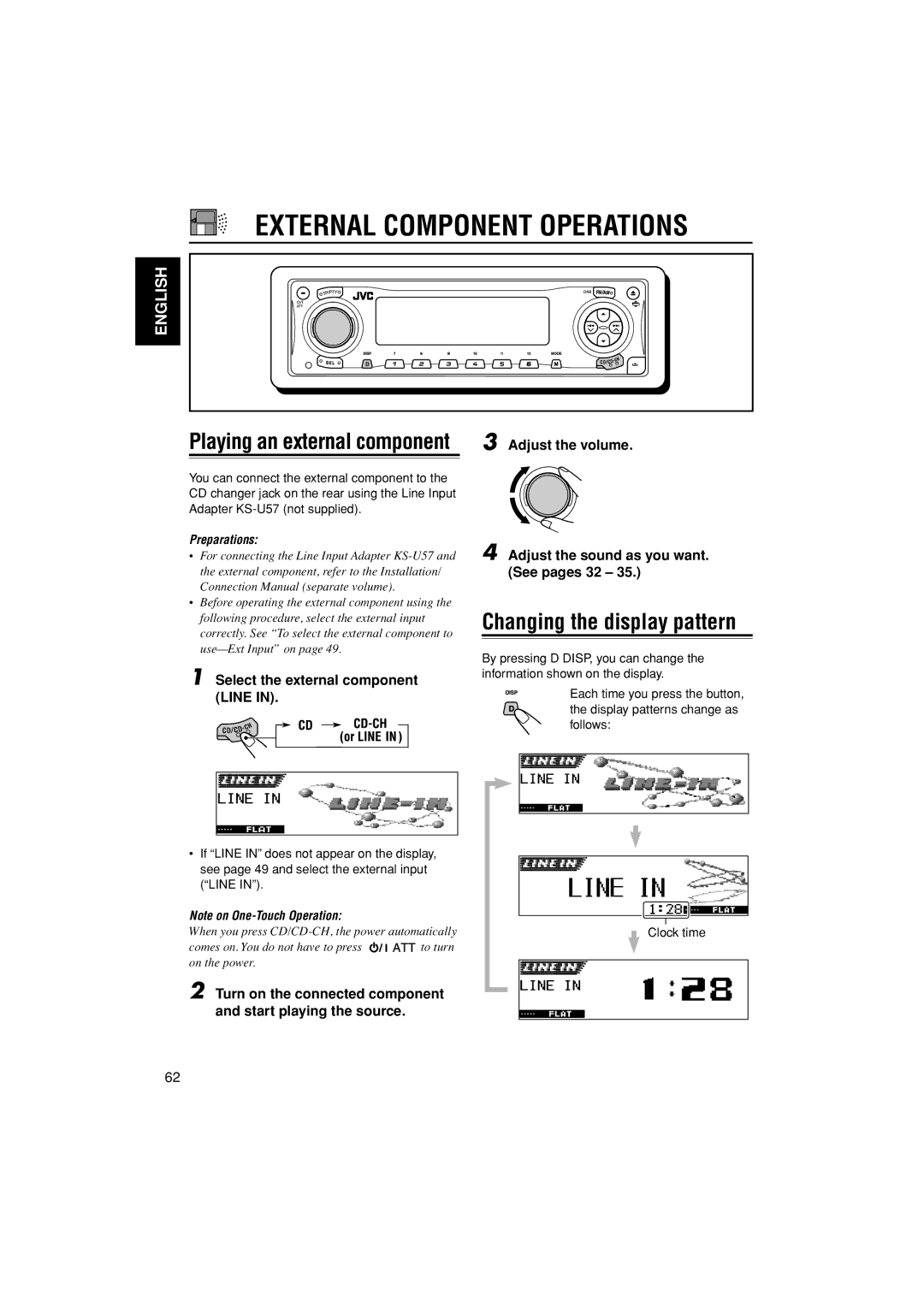 JVC KD-LH401 service manual External Component Operations, Turn on the connected component and start playing the source 