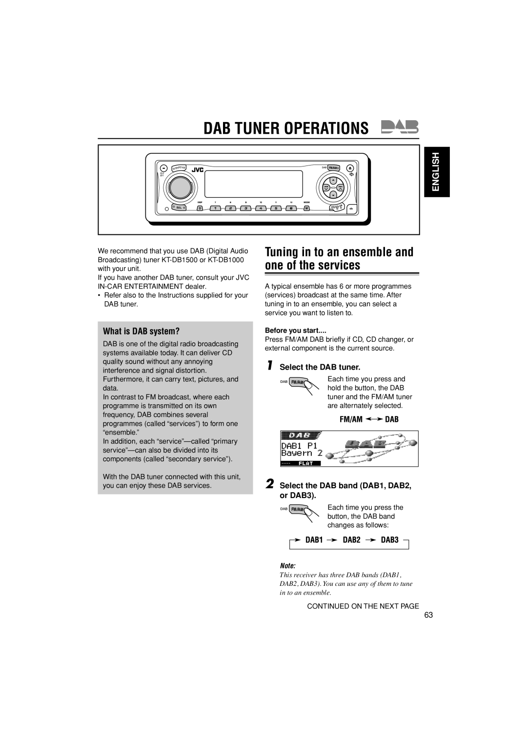 JVC KD-LH401 DAB Tuner Operations, What is DAB system?, Select the DAB tuner, Select the DAB band DAB1, DAB2, or DAB3 