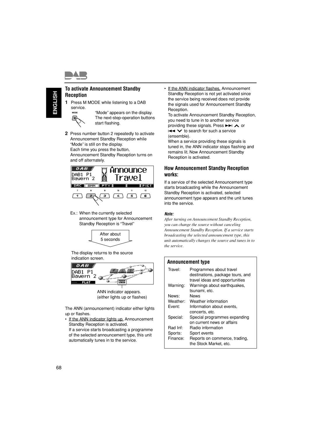 JVC KD-LH401 To activate Announcement Standby Reception, How Announcement Standby Reception works, Announcement type 