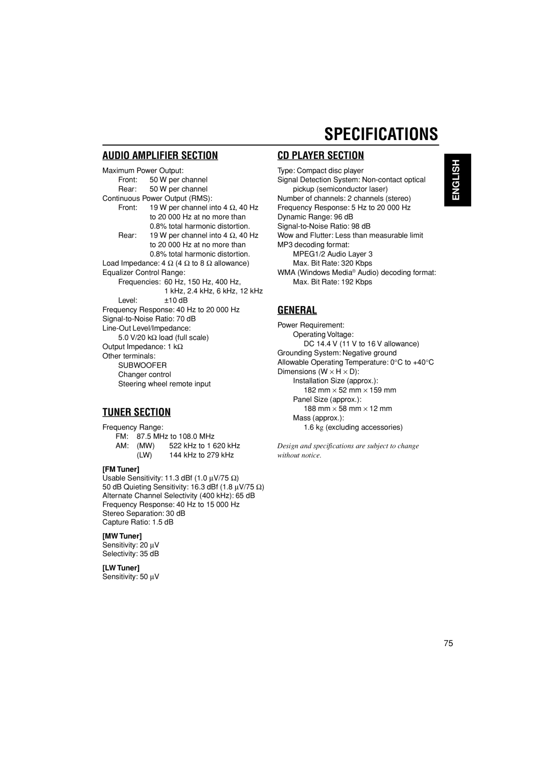 JVC KD-LH401 service manual Specifications, FM Tuner, MW Tuner, LW Tuner 