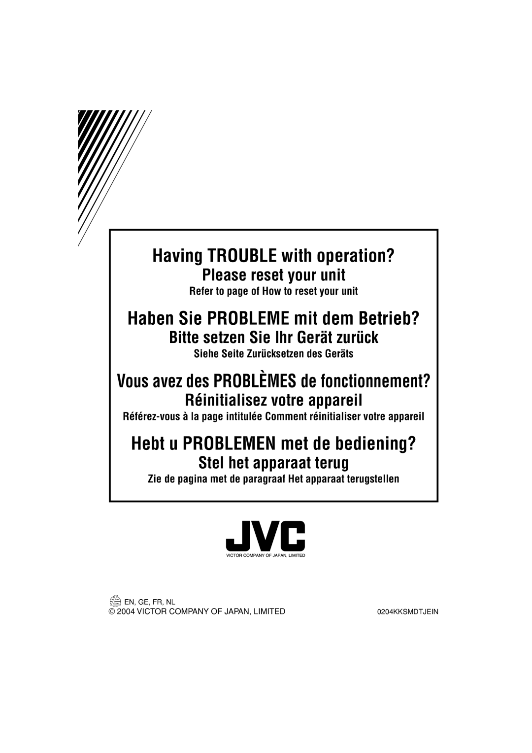 JVC KD-LH401 service manual Refer to page of How to reset your unit, Siehe Seite Zurücksetzen des Geräts 