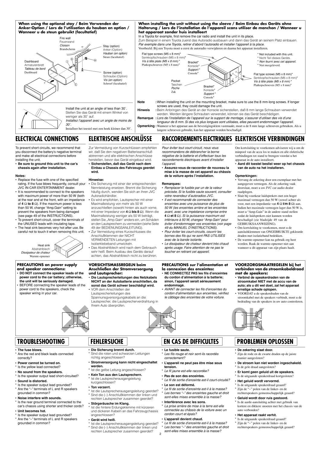 JVC KD-LH401 Hinweis, Remarque, Fuse blows, Sound is distorted, Noise interfere with sounds, Unit becomes hot 