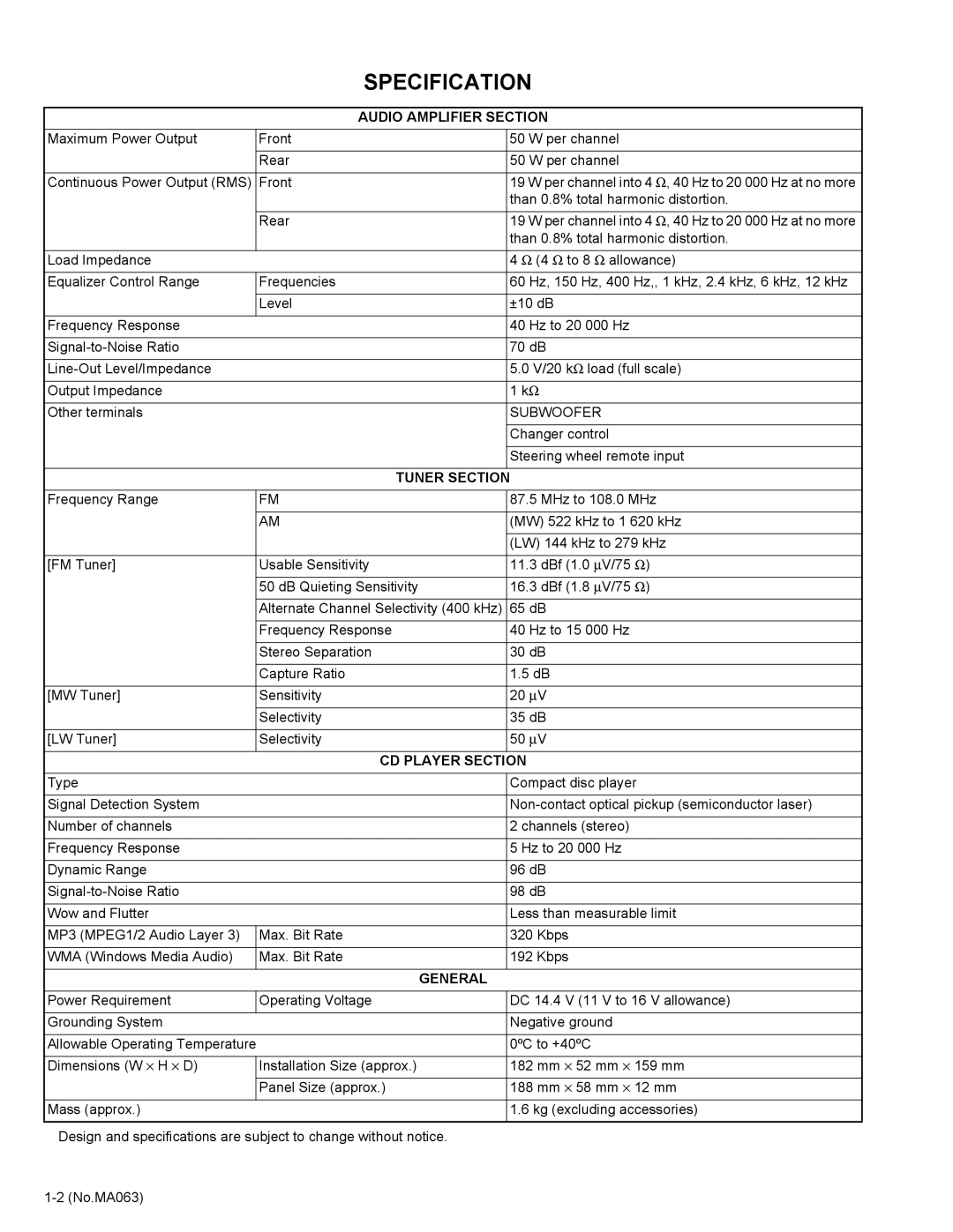 JVC KD-LH401 service manual Specification 