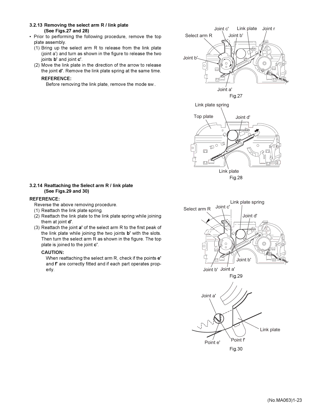 JVC KD-LH401 Removing the select arm R / link plate See Figs.27, Reattaching the Select arm R / link plate See Figs.29 