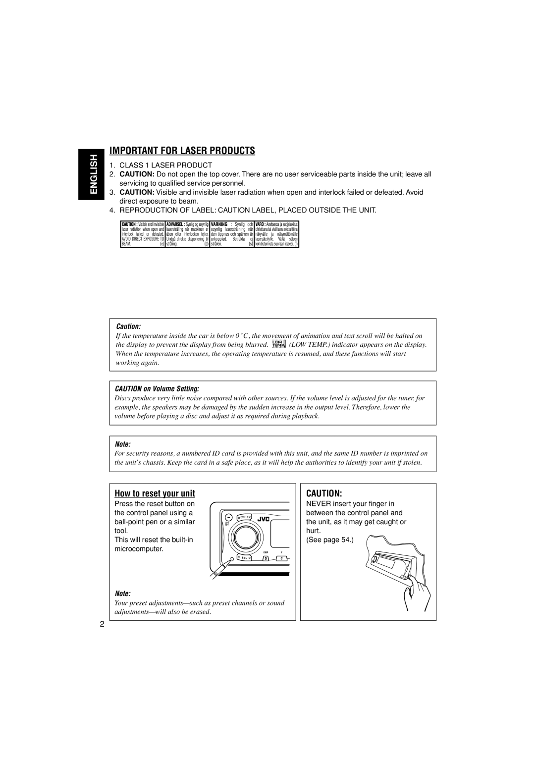 JVC KD-LH401 service manual Important for Laser Products, How to reset your unit 