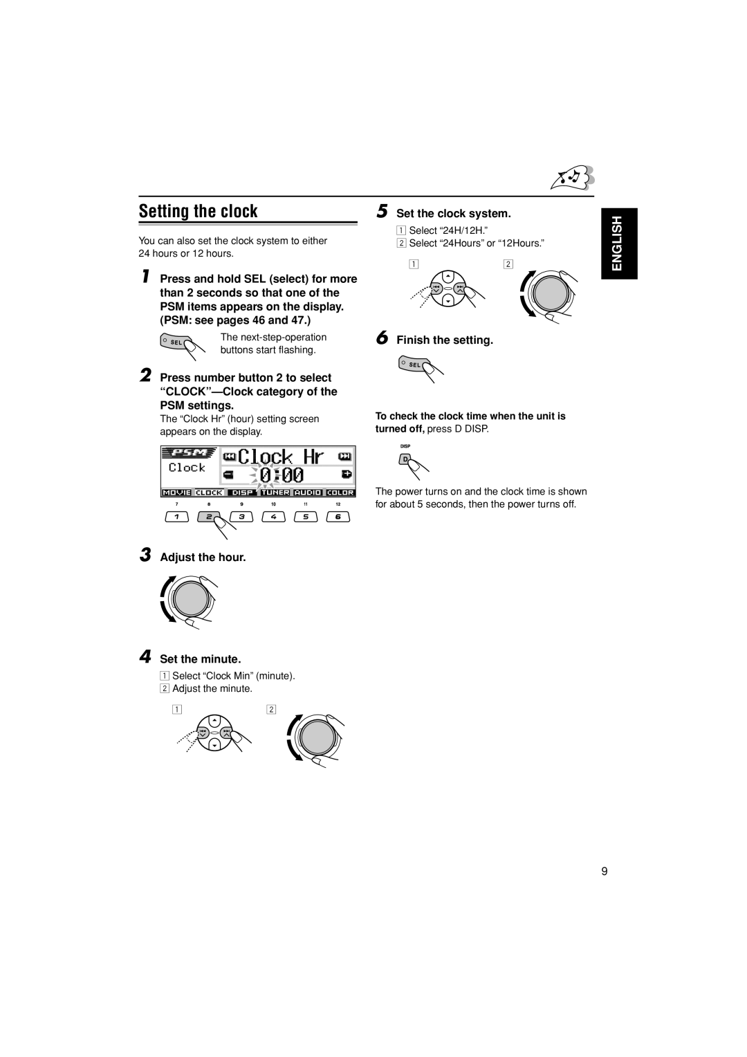 JVC KD-LH401 service manual Setting the clock, Set the clock system, Adjust the hour Set the minute 