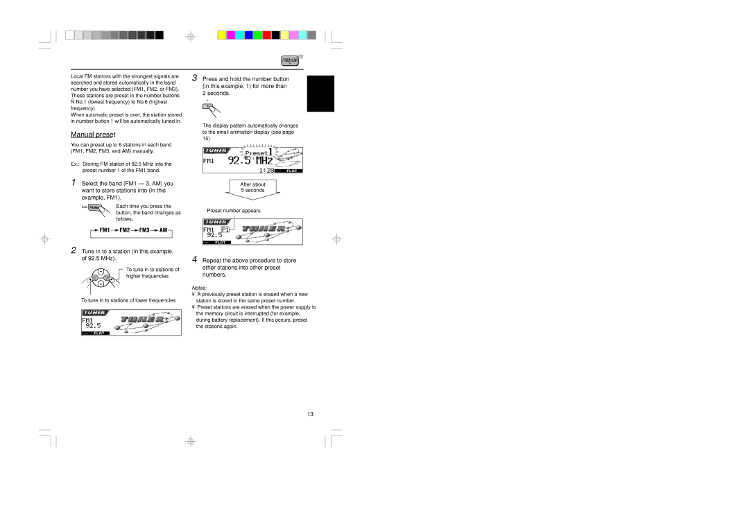 JVC KD-LH401 service manual Manual preset, Tune in to a station in this example, of 92.5 MHz 