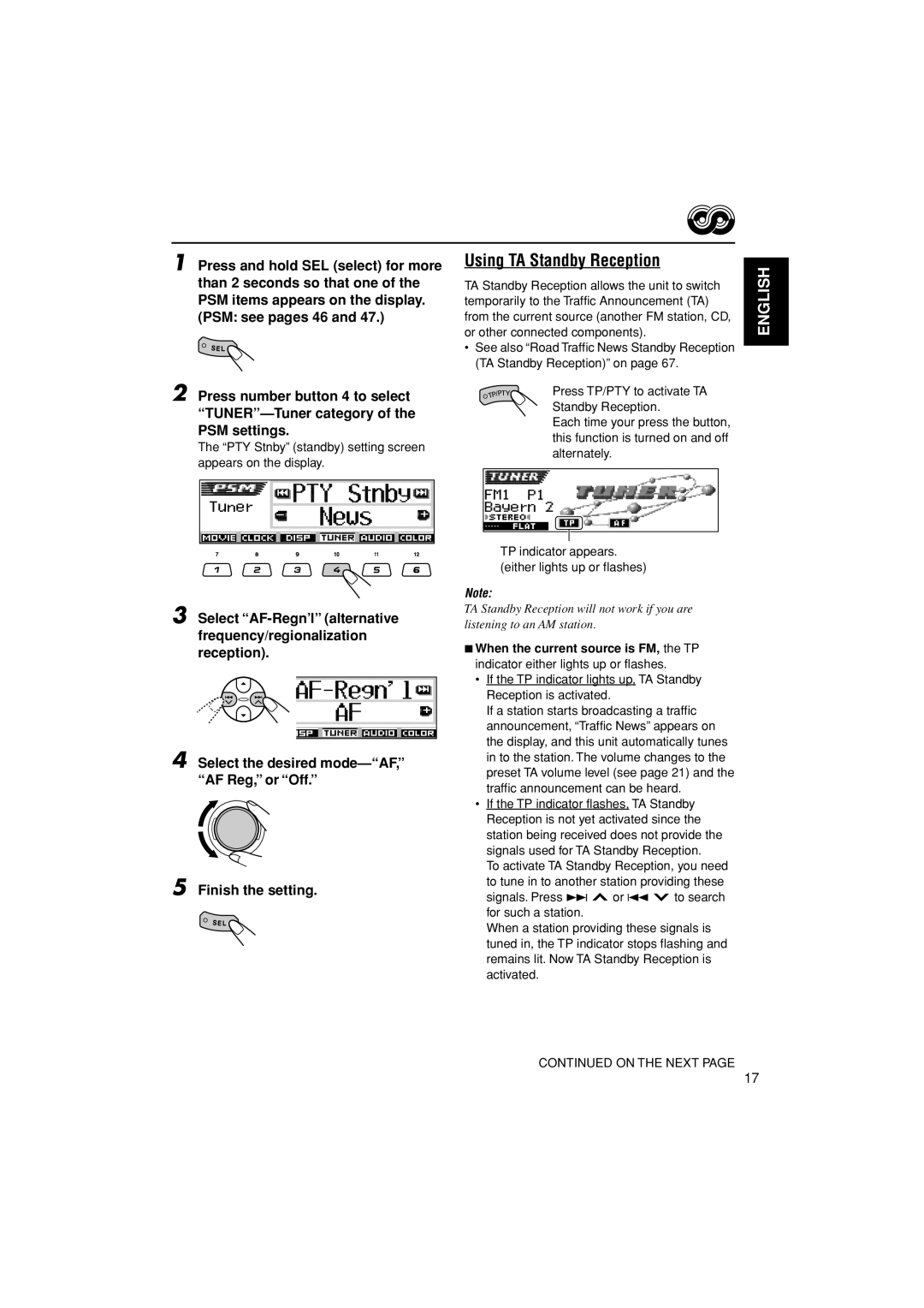 JVC KD-LH401 service manual Using TA Standby Reception, PTY Stnby standby setting screen Appears on the display 