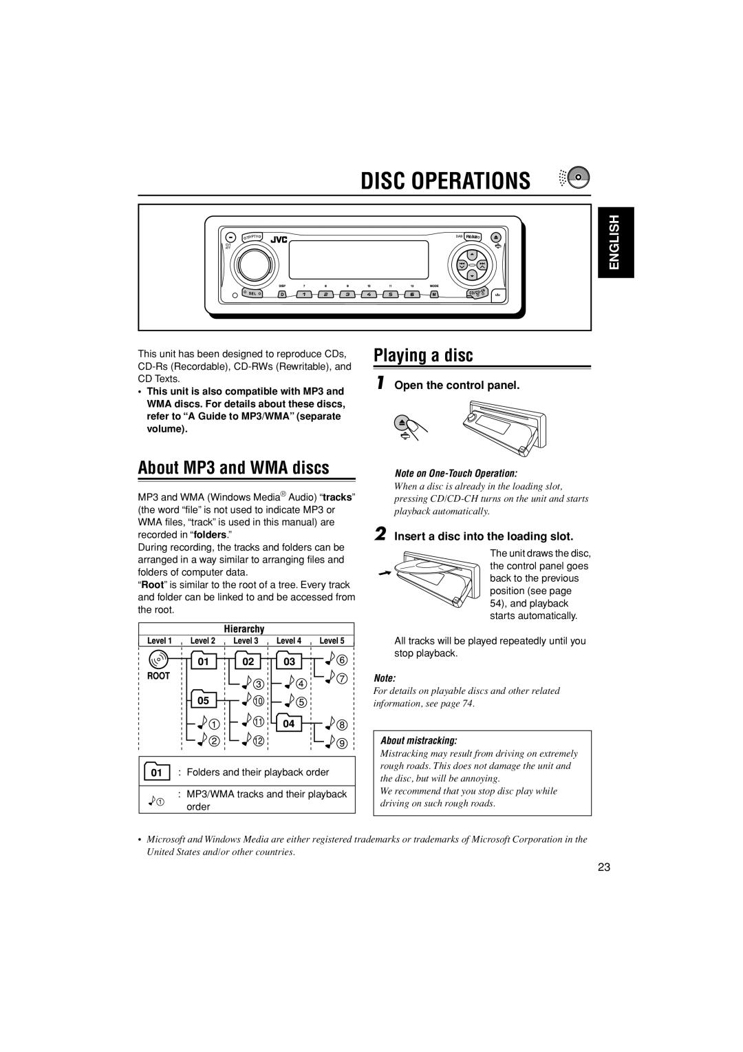 JVC KD-LH401 service manual Disc Operations, About MP3 and WMA discs, Playing a disc, Open the control panel 