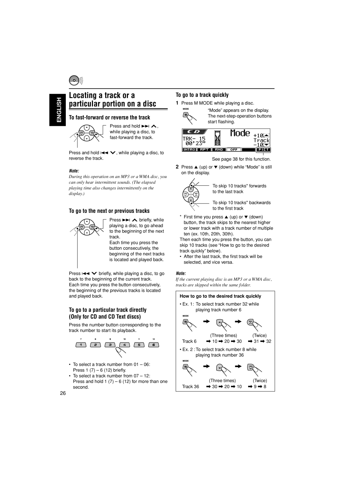 JVC KD-LH401 service manual Locating a track or a, Particular portion on a disc, To go to the next or previous tracks 