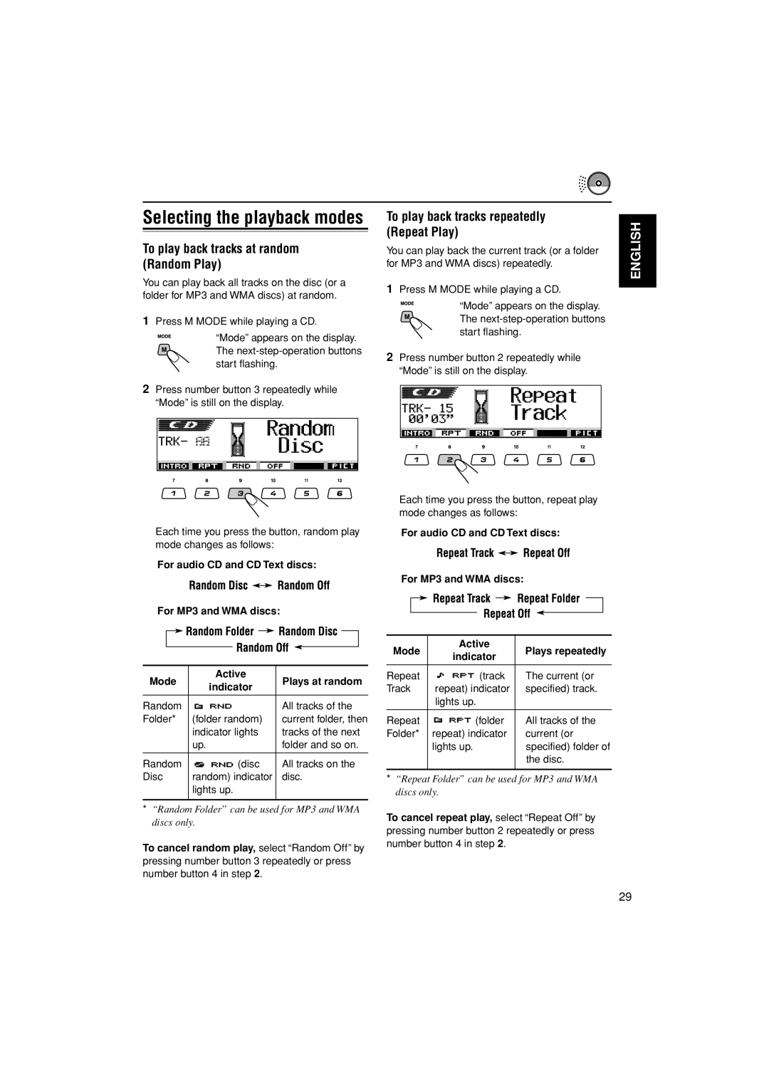 JVC KD-LH401 service manual To play back tracks at random Random Play, To play back tracks repeatedly Repeat Play 