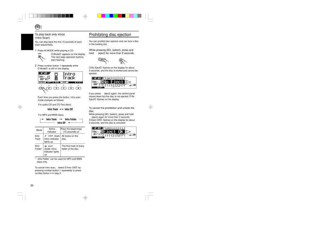 JVC KD-LH401 Prohibiting disc ejection, To play back only intros Intro Scan, To cancel the prohibition and unlock the disc 