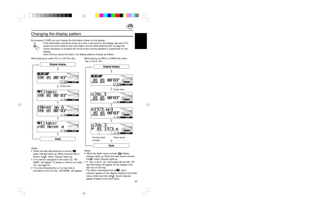 JVC KD-LH401 service manual While playing an audio CD or a CD Text disc, Tag is set to Off, Current track, Number 