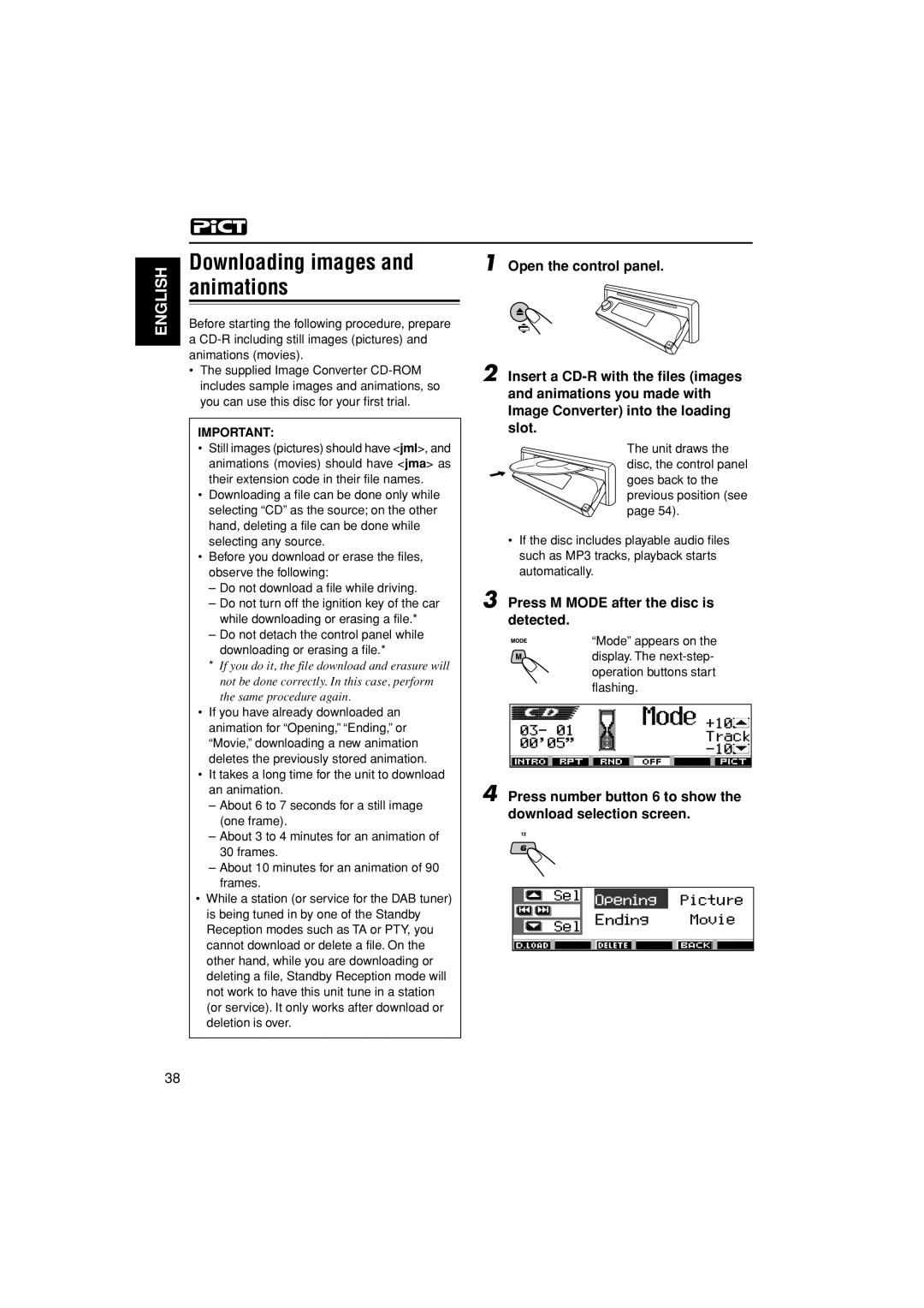 JVC KD-LH401 service manual Downloading images and animations, Press M Mode after the disc is detected 