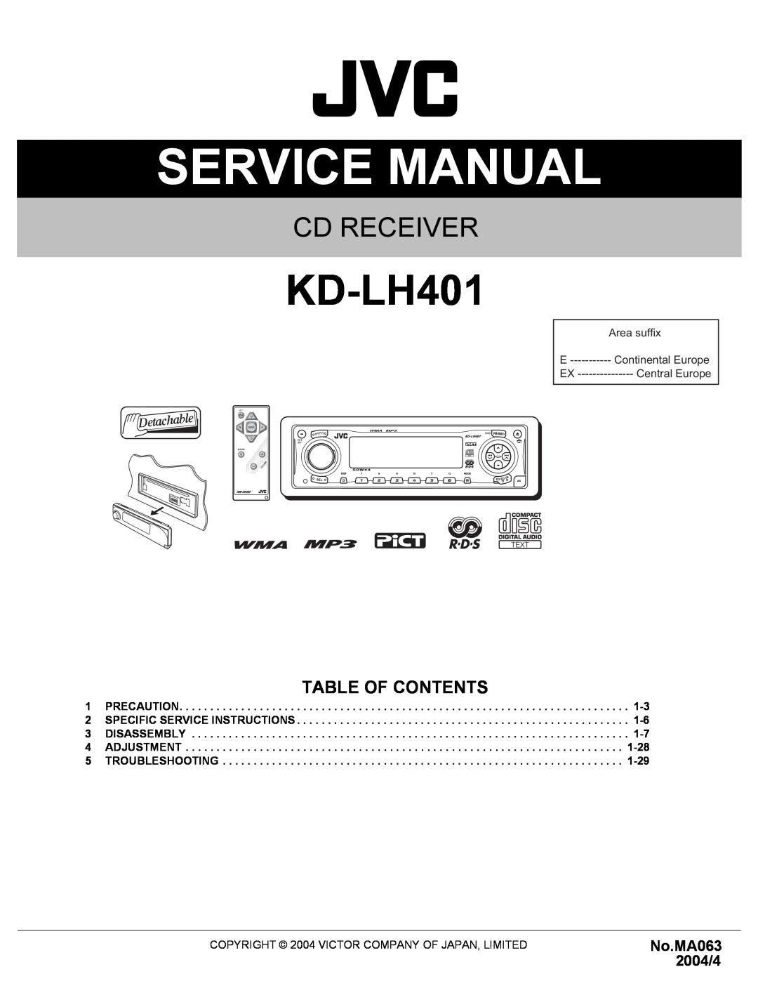 JVC KD-LH401 service manual Table Of Contents, No.MA063 2004/4, Service Manual, Cd Receiver 