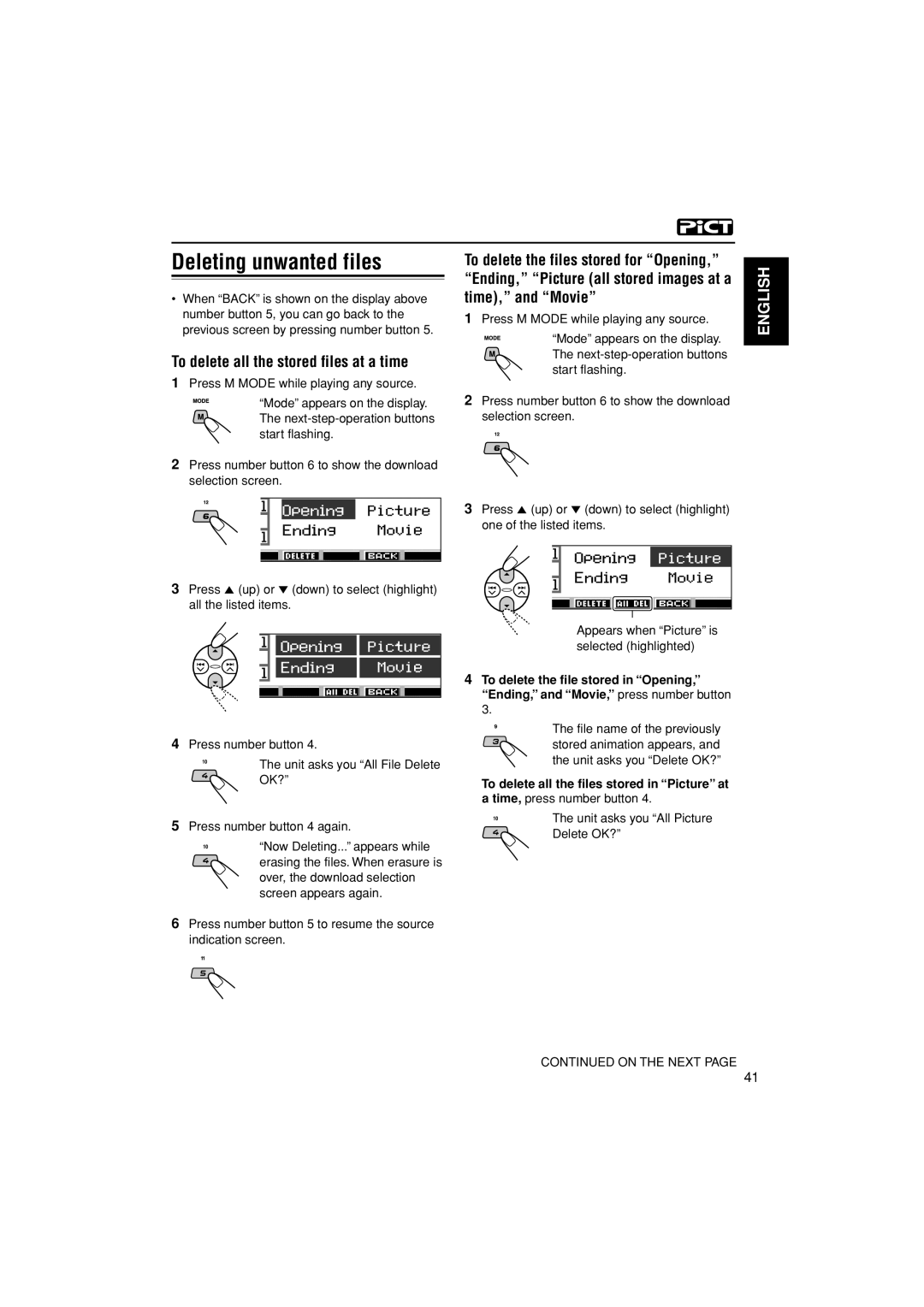 JVC KD-LH401 service manual Deleting unwanted files, To delete all the stored files at a time, time,” and “Movie” 