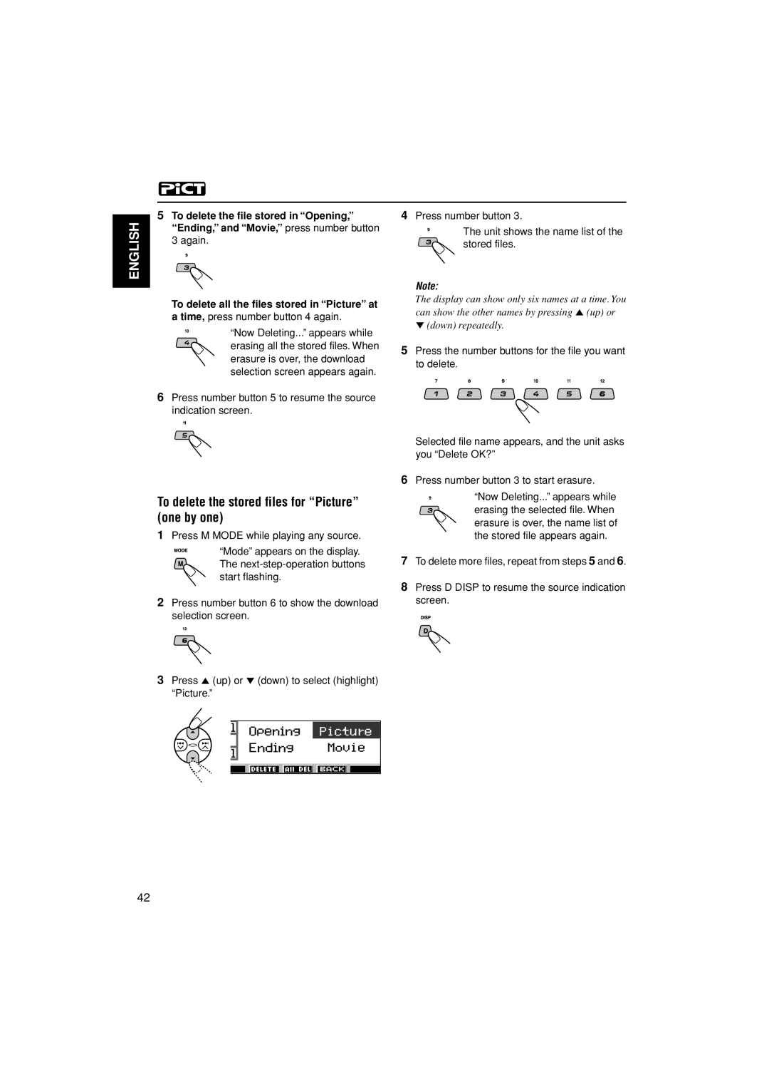 JVC KD-LH401 To delete the stored files for “Picture” one by one, To delete the file stored in “Opening,”, again 