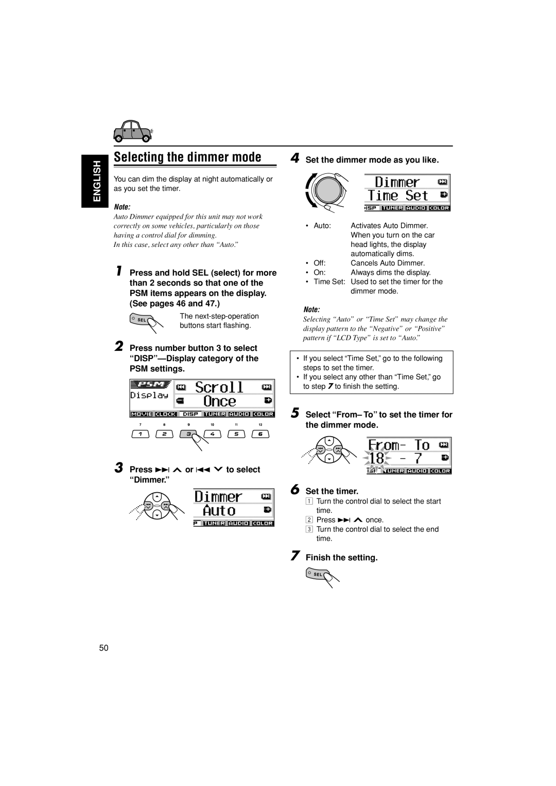 JVC KD-LH401 service manual Selecting the dimmer mode, Set the dimmer mode as you like, English, Finish the setting 