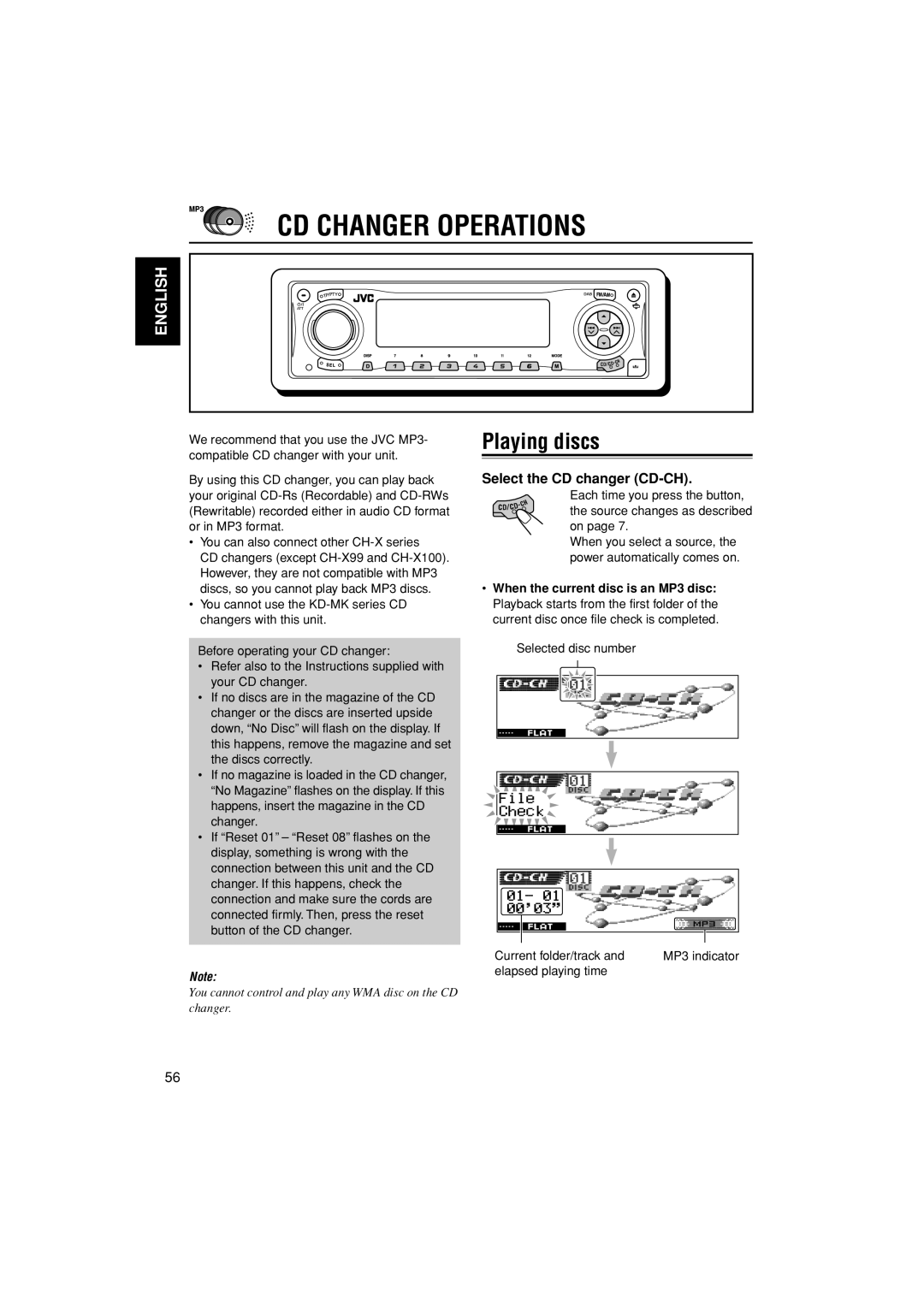 JVC KD-LH401 service manual Cd Changer Operations, Playing discs, English, Select the CD changer CD-CH 